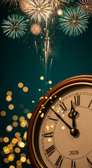 Fototapeta premium Clock face showing almost midnight, with fireworks in the background. Represents the countdown to the year 2026 and holiday celebration event