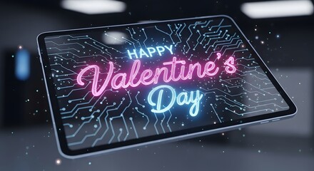 Digital happy valentine's day greeting displayed on a futuristic tablet screen with glowing circuit board patterns symbolizing modern romance and connectivity