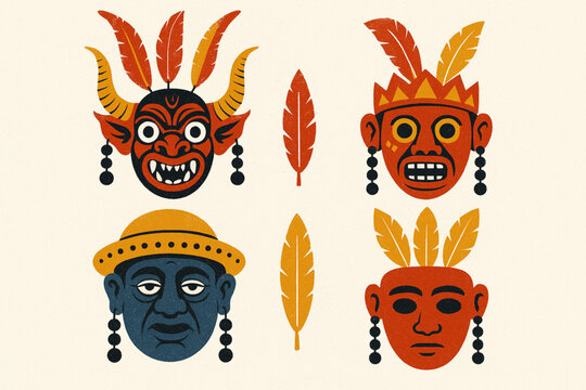 Bolivian folkloric mask flat icon set with traditional dance masks on white background