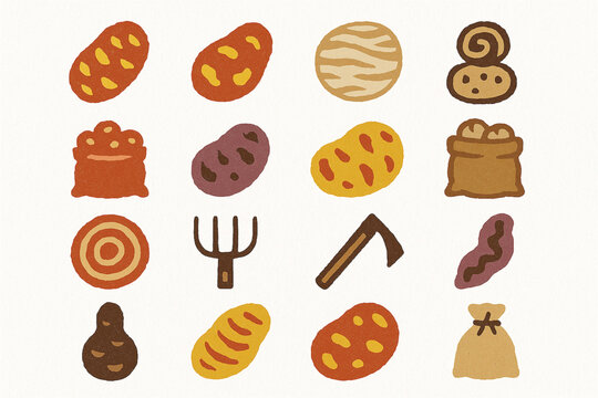 Bolivian potato diversity flat icon set with native crops and farming symbols on white background