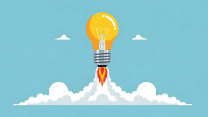 light bulb rocket taking off into blue sky with fire and smoke representing startup growth business success creative innovation technology launch and digital transformation