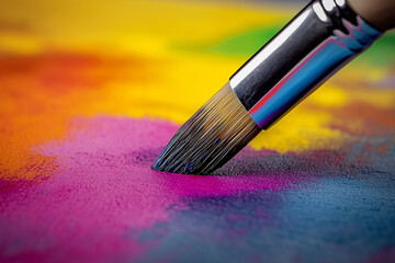 Obraz premium Paintbrush tip making a stroke on a vibrant colorful canvas