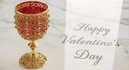 Ornate gold chalice richly adorned with diamonds and rubies rests beside elegant engraved happy valentine's day greeting on marble
