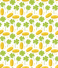 Seamless pattern with green clover leaves and shiny golden coins. St. Patrick&rsquo;s Day background with lucky elements