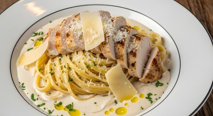 Deliciously grilled and sliced chicken breast served over creamy fettuccine alfredo pasta generously topped with shaved parmesan cheese and fresh parsley garnish.