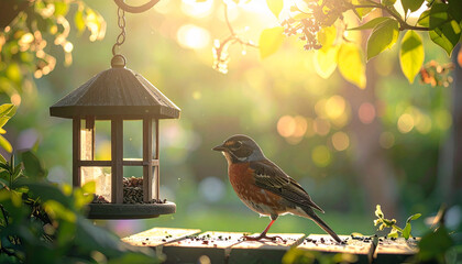 Garden Bird At Feeder Sunlit Backyard Wildlife Scene
