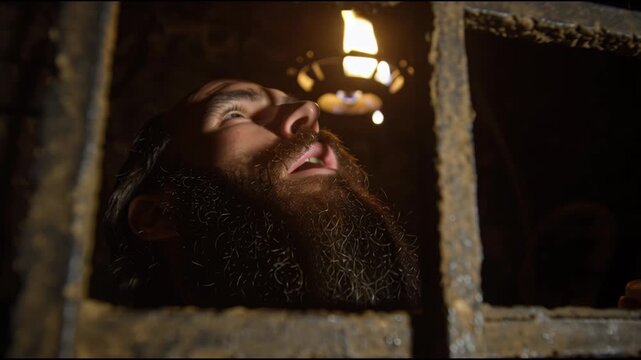 Man Looks Through Bars in a Dark Room While Observing a Flickering Light Above Him, Feeling a Sense of Isolation in His Surroundings