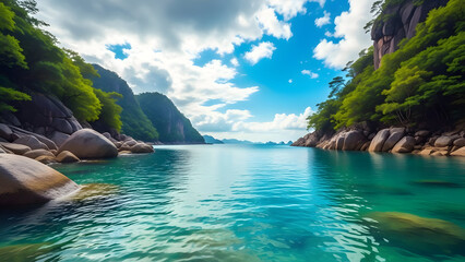 Serene tropical bay with crystal clear waters surrounded by lush greenery and rugged rocky cliffs under a blue sky with white clouds