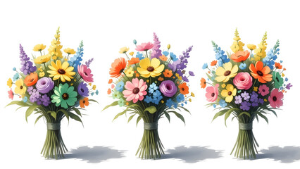 Three vibrant bouquets of colorful flowers against a white background