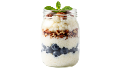Clear jar with rice pudding, distinct layers of blueberries, pecans, and fresh mint leaves isolated on transparent background