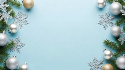 Winter holiday decorations on light blue background