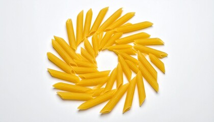 Spiral arrangement of uncooked yellow penne pasta on white background with precise geometric styling