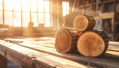 Stack of cut logs on wooden surface in sunlit workshop with tree rings and woodworking equipment