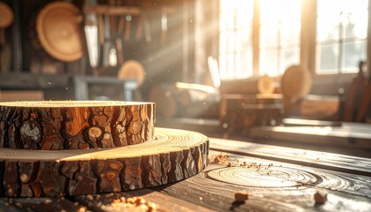 Stack of cut logs on wooden surface in sunlit workshop with tree rings and woodworking equipment