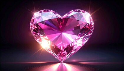 Sparkling pink heart-shaped gemstone glowing against dark background with faceted surface and radiant light
