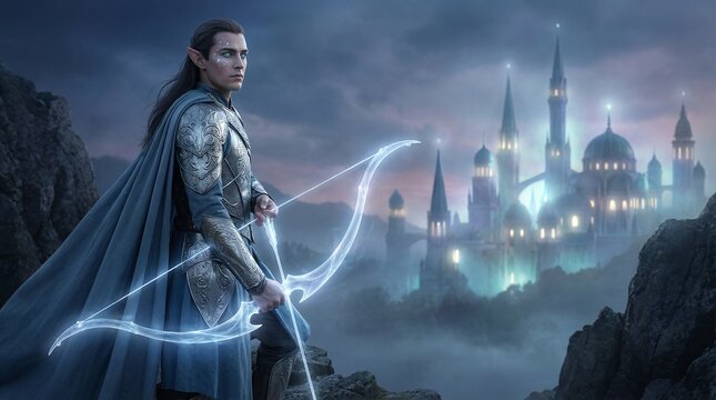 Noble elf prince stands on rocky cliff in ornate silver armor and flowing blue cloak, holding glowing magic bow while watching distant luminous fantasy city in mist, epic guardian protector concept