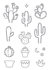 Black and white cactus line art set. Desert plants and pots. Perfect for coloring pages, tattoos, logos, prints