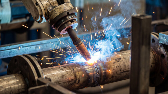 A robotic arm precisely welds together two metal pipes, creating brilliant sparks in a factory setting. The mechanical process showcases modern industrial automation.