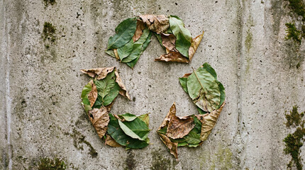 A recycle symbol is crafted from both green and withered leaves, laid upon a textured concrete surface with tiny patches of moss. Nature embraces recycling.