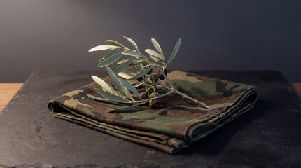 An olive branch, complete with leaves and fruit, lays carefully on a folded camouflage napkin. The scene sits on a black slate surface.