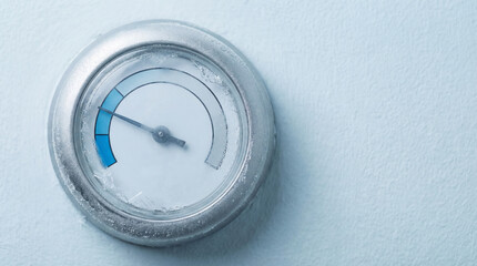 A round metal gauge with a needle pointing to a low, cold level is covered in frost and mounted on a light blue wall, possibly indoors.
