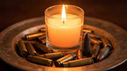 A warm, glowing candle rests in a glass holder on a metal plate, surrounded by a ring of spent brass bullet casings, creating a contrasting display of light and solemnity.