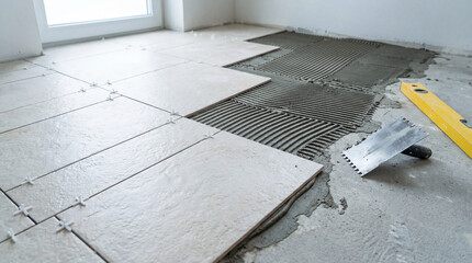 Tiles are being installed on a floor. Some are placed with spacers, others await their turn on the adhesive-covered surface with tools nearby, promising a fresh interior design.