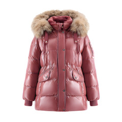 Pink Puffer Coat with Fur Hood isolated on transparent background