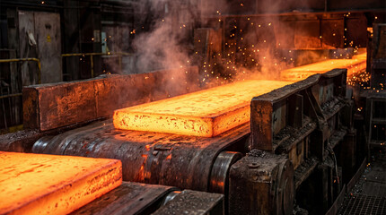 Heated steel slabs ride along a conveyor belt, sparks drifting into the air in the Steel Factory. The glowing metal gives off heat and vapor in the industrial setting.