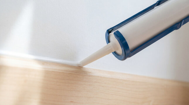 A steady stream of white caulk is being applied with a blue-framed caulk gun to seal the gap between the natural wood baseboard and the white wall in a pristine room.