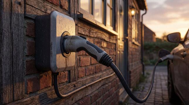 At dusk, a modern electric car is plugged into an outlet on the side of a rustic brick building, charging for a journey on the ancient streets of England.