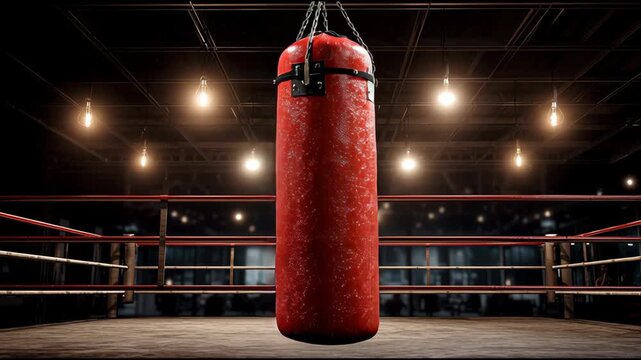 Swinging Red Punching Bag in a Boxing Gym With Bright Lights and Empty Training Area During Evening