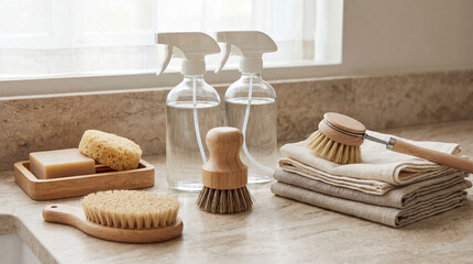 Still life portrays cleaning essentials like brushes, spray bottles, soap, and cloths, arranged harmoniously on a marble countertop by a window.