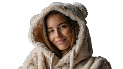 Smiling young woman in fluffy hoodie isolated on transparent background