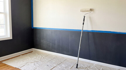 A room is undergoing renovation. The lower half of the walls are painted dark gray, while the upper half remains white, divided by blue painter's tape.