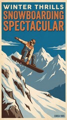 Snowboarding Spectacle: A snowboarder performs a daring aerial stunt against a backdrop of towering, snow-covered mountain peaks, encapsulating the thrill of winter sports.