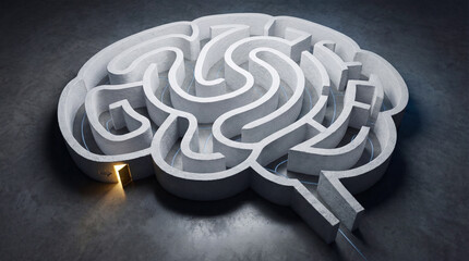 A brain shaped maze crafted from concrete offers pathways through its intricate structure. Golden light gleams from an opening symbolizing discovery.