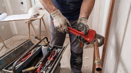 Plumbing Repair in Progress: A skilled plumber meticulously works on repairing a copper pipe, amidst a construction or renovation site, equipped with essential tools for the task. 
