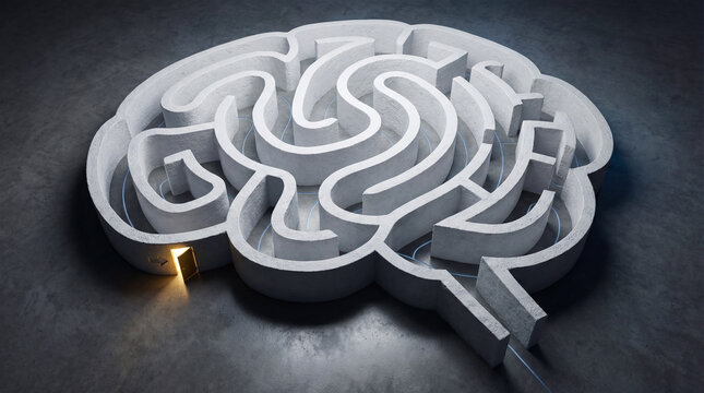 A brain shaped maze crafted from concrete offers pathways through its intricate structure. Golden light gleams from an opening symbolizing discovery.