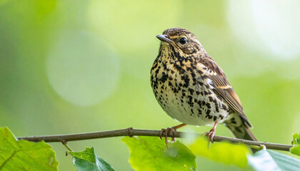 Close Up of Spotted Wild Bird Perched in Soft Green Bokeh