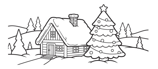 Fototapeta premium Snowy wooden cabin with decorated Christmas tree in winter landscape — ideal for kids coloring pages, holiday activities, Christmas crafts