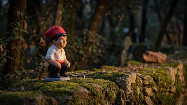 Cinematic drone shot of a traditional Catalan caganer figurine in a forest. Warm natural light, Christmas folklore and European cultural heritage.