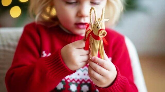 Child Holding Traditional Straw Yule Goat Christmas Ornament