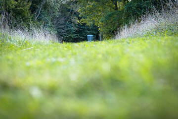 blue disc golf basket behind a green grass field