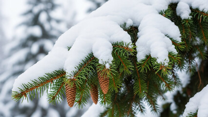 snow covered pine tree, snow on a fir tree branch, close-up