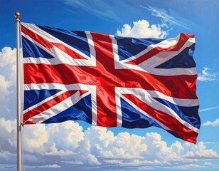 A vibrant painting showcases a national flag billowing gracefully against a bright, cloudy sky. The flag's colors pop with dynamic realism