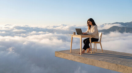 Remote work concept with a woman using a laptop on a floating platform above the clouds