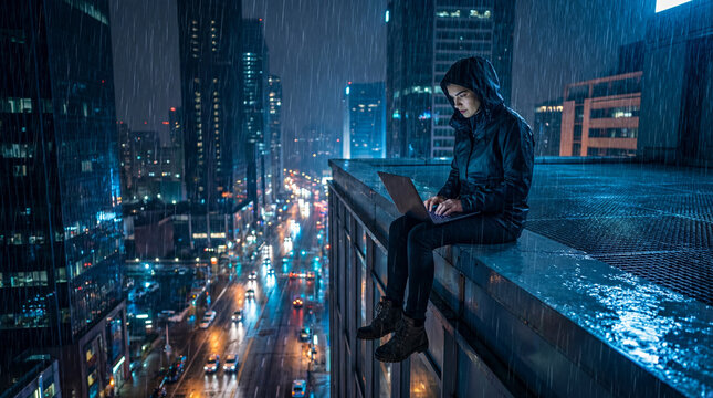 Rooftop night shift in the rain as a woman works on her laptop above city lights