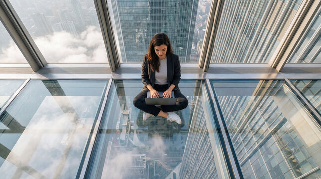 Woman working on a laptop on a glass floor in a high-rise office above the city