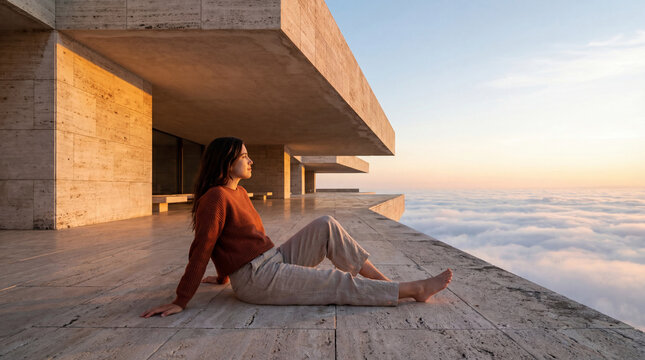 Woman sitting on a concrete terrace in modern architecture above the clouds at sunset